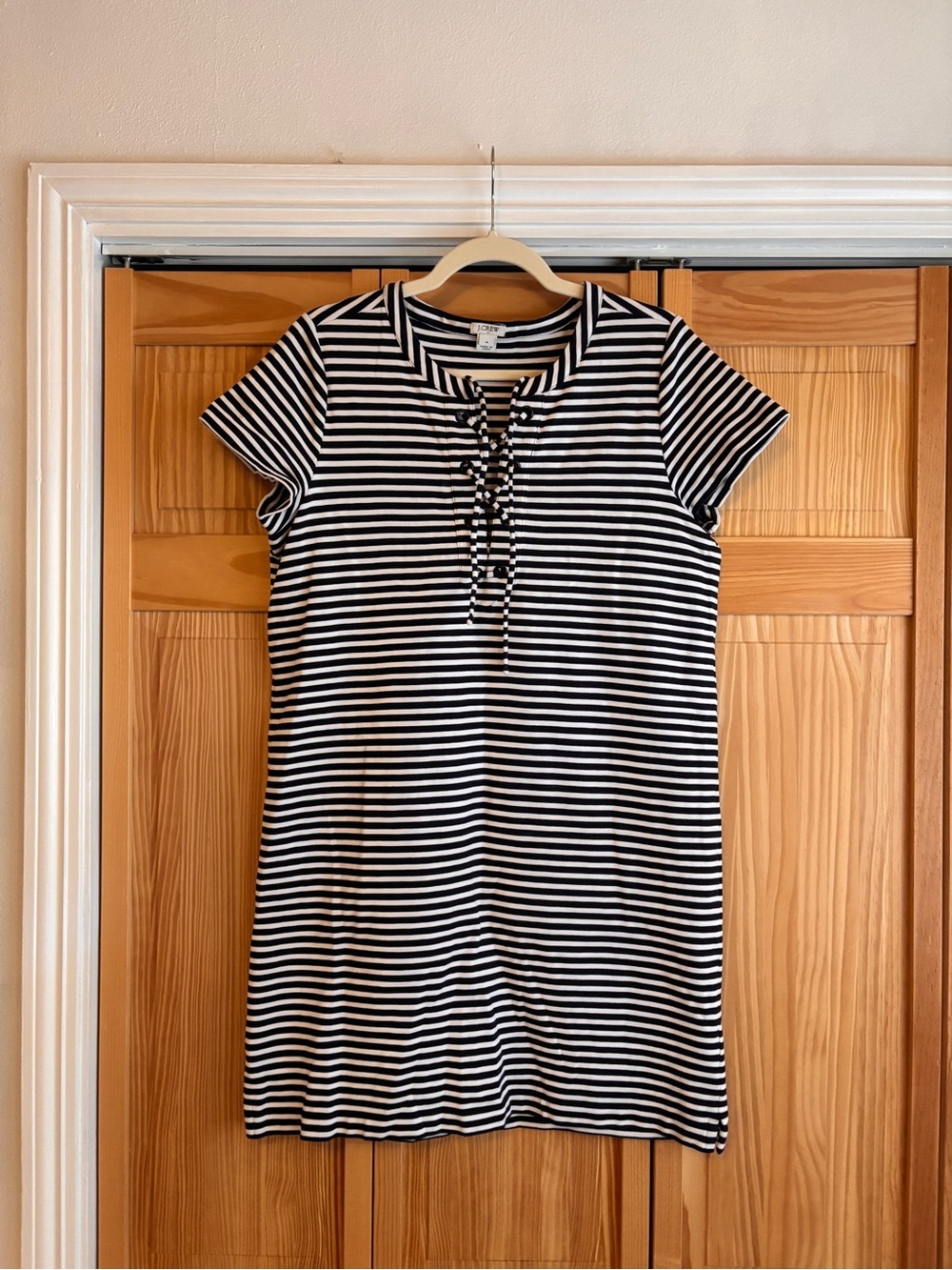 J.Crew Striped Dress: Cotton Lace-Up Short Sleeve Dress - Black & White-Size M